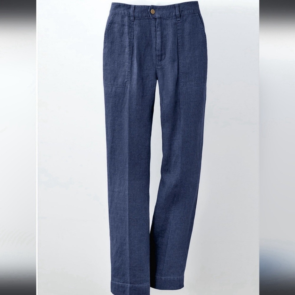 Coldwater Creek Womens Indigo Blue 100% Linen Pleated Straight Leg Pants Size 16